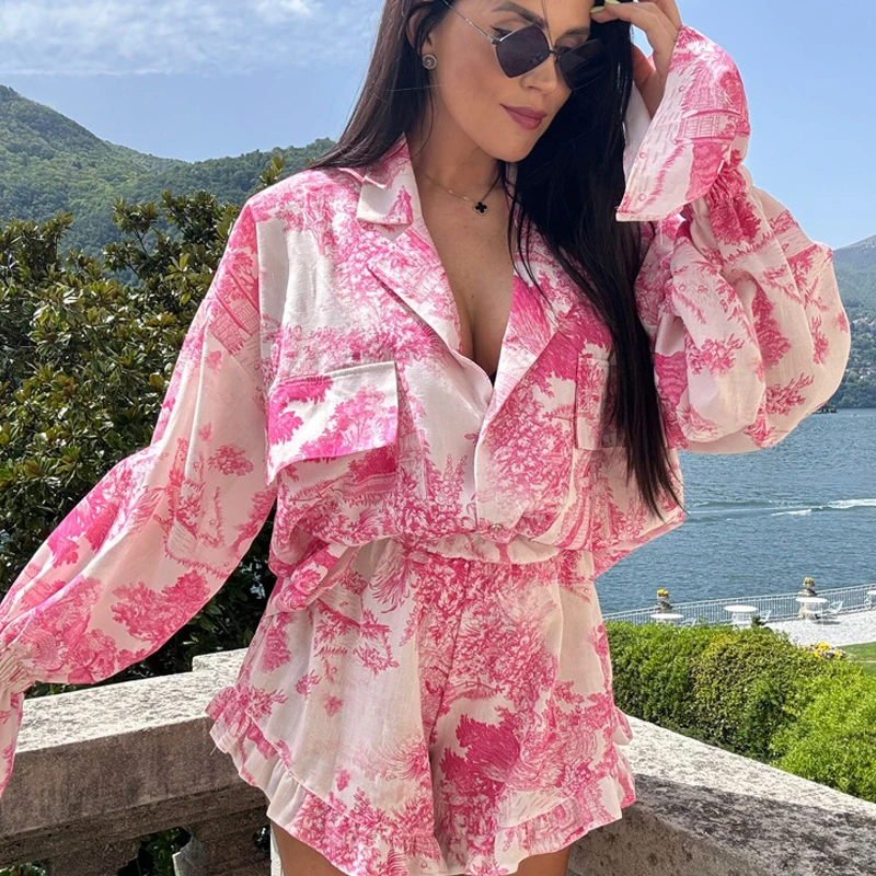 Casual Blue Print Two Piece Sets For Women Elegant Lapel Long Sleeve Pockets Button Up Shirts And High Waisted Shorts Sets