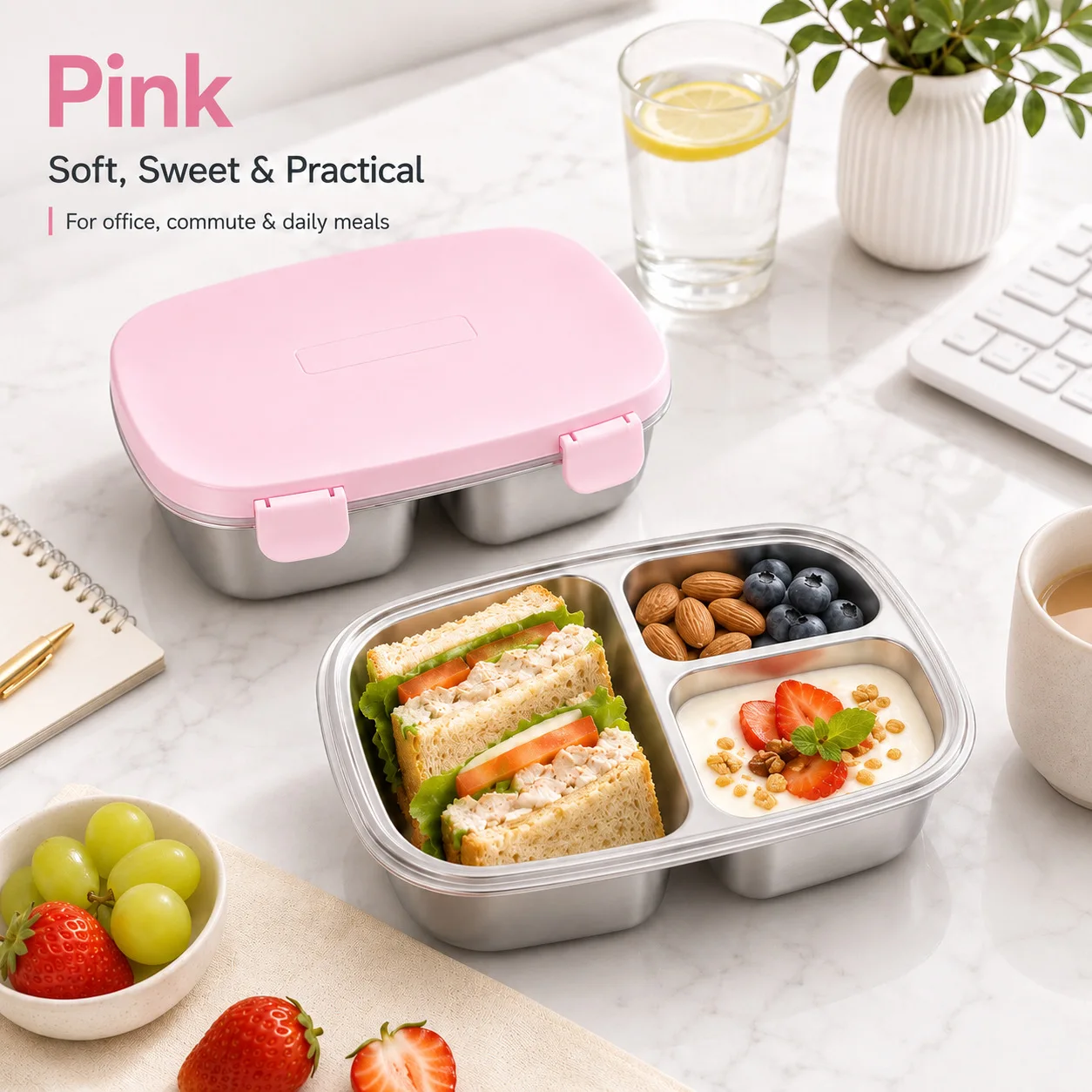 2026 Large-capacity three-compartment stainless steel lunch box, heat-preserving, leak-proof, smooth, durable and easy to clean