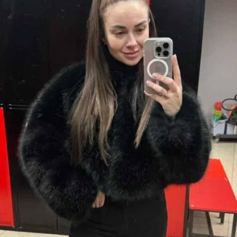 Manteau en fausse fourrure dégradé pour femme, veste courte de luxe, Streetwear emblématique, manteau court moelleux pour filles Cool, à la mode, hiver 2025