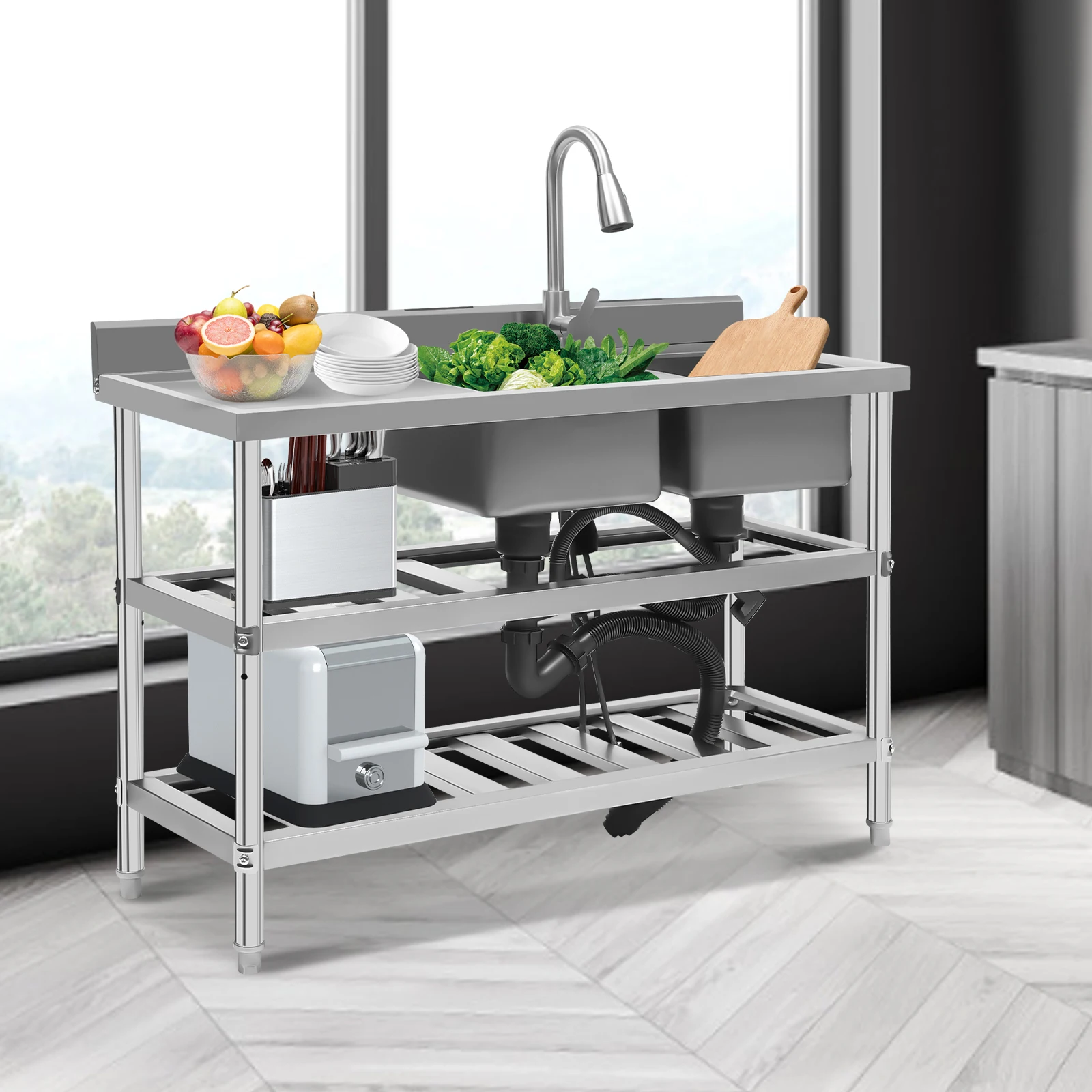 حوض مطبخ حديث من الفولاذ المقاوم للصدأ 201 قائم بذاته مقاس 120 × 45 × 81 سم مع صنبور مياه ساخن وبارد قابل للسحب