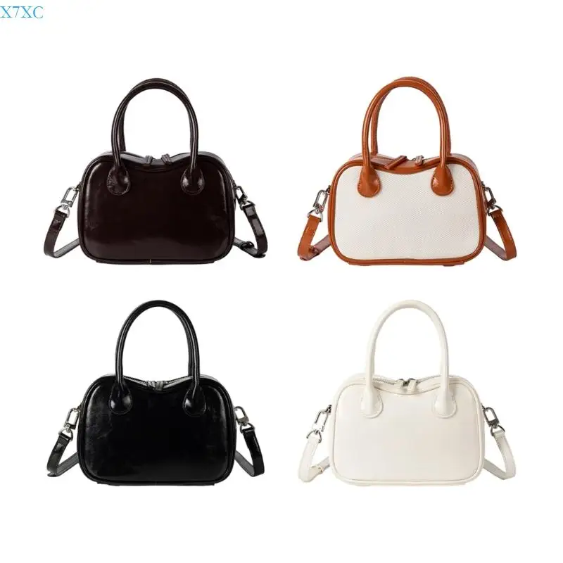

X7XC Women's PU Leather Bowling Bag Stylish Crossbody Bags with Adjustable Strap Satchel Purs for Shopping and Travel