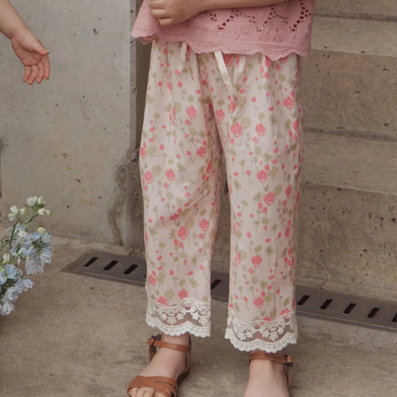 Baby Girl Pants Girls Anti-mosquito Pants 2024 Summer Strawberry Sand Korean Small Floral Lace-up Anti-mosquito Pant