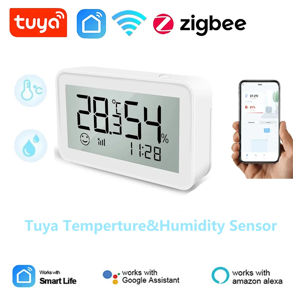 Tuya WiFi/Bluetooth/ZigBee Smart Home Temperature Humidity Sensor Clock LED Digital Diaplay Works With Alexa Google Assistant