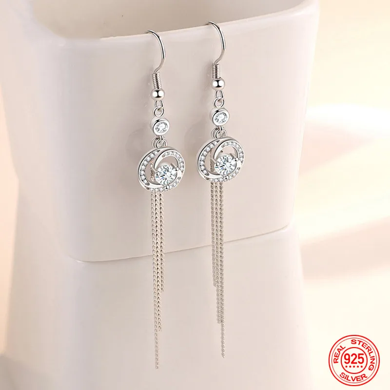 

925 Sterling Silver Round Zircon Long Tassel Dangle Earrings For Women Charm Jewelry