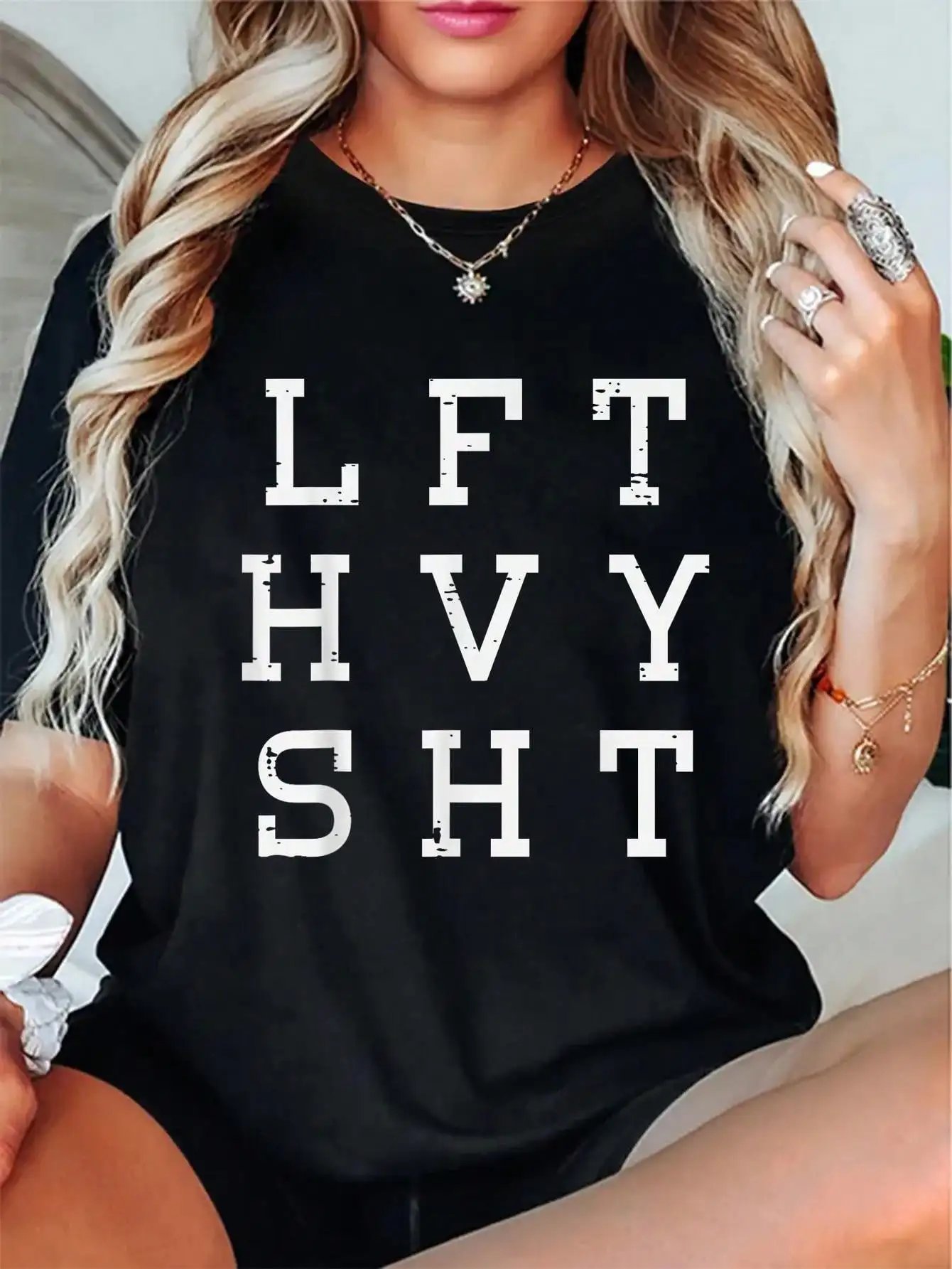 

Distressed Letter Print Loose Fit Cotton T-Shirt for Women