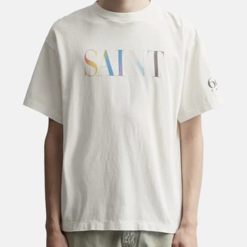 SAINT Simple Letters Rainbow Tagline Round Neck Summer Short Sleeve T-Shirt High Street Mens Womens Brand Tops TEE