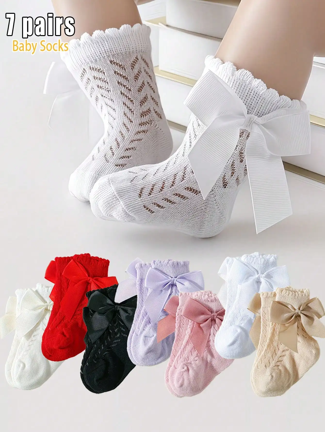 7Pairs Newborn Baby Girls Mesh Mid Calf Socks Big Ribbon Bow Hollow Breathable Ruffle Cuff Princess Infant Socks For 0-12 Months