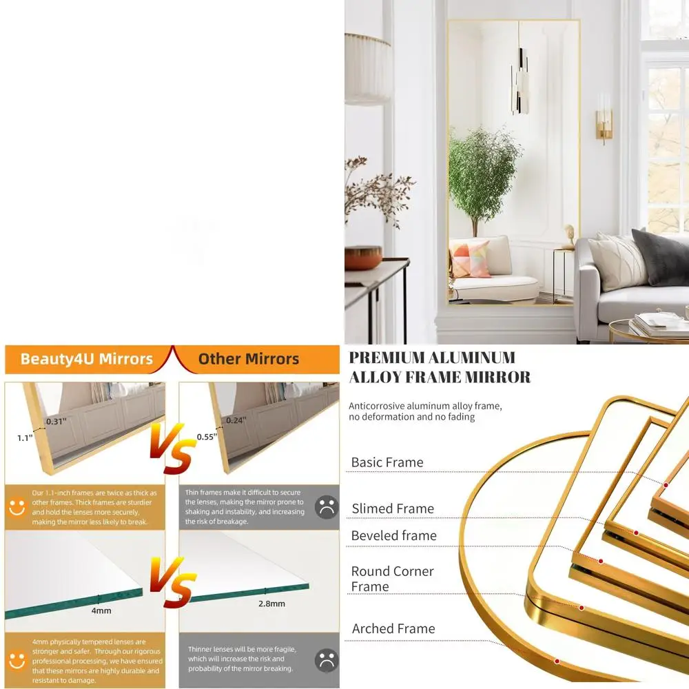 

Зеркало в полный рост 71 x 32 дюйма с подставкой, золотое, настенное, с металлической рамой для гостиной или спальни