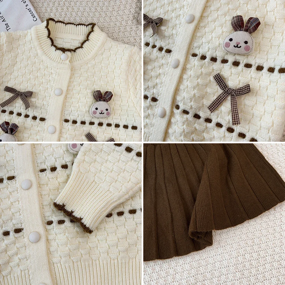 2026 Kinderkleidung Winter Rot Weihnachten Neujahr Mädchen Strickpullover Kleidung Süßer 3D-Hasen-Schleifen-Langarm-Oberteil+Kurzer Rock – Detail 7