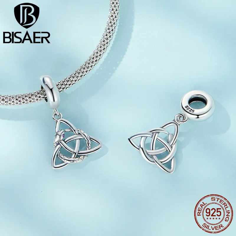 BISAER 100% 925 Sterling Silver Celtic Knot Charm Bead Vintage Snake Pendant Fit Female Bracelet Necklace DIY Fine Jewelry Gift