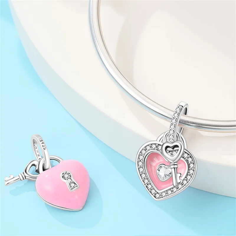925 Sterling Silver Pink Heart Lock Charms Pendant Zircon Dangle Fit 3mm Original Bracelet DIY Women Birthday Party Jewelry