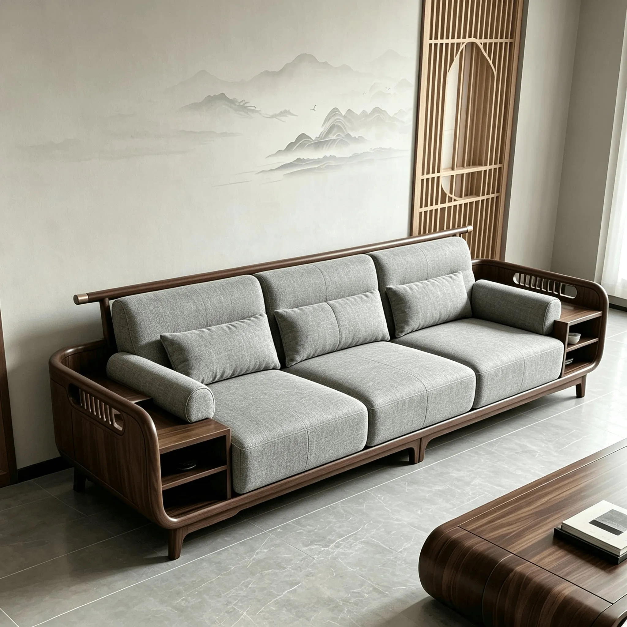 Solid Walnut Sofa, New Chinese Style Zen Seating, Straight Sofa for Small/Large Living Room