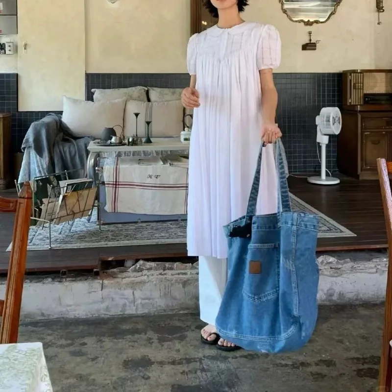 1pcs New Retro Fashion Casual Soft Denim Ball Bag Versatile Simple Large Capacity Single-shoulder Tote Bag