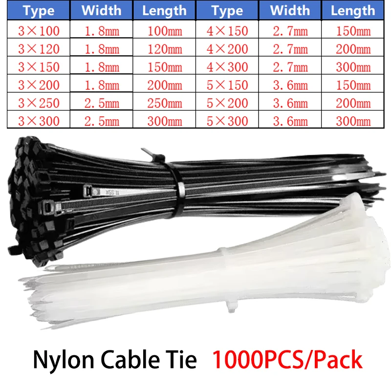 

1000Pcs Self-locking Plastic Nylon Cable Tie White/Black 3*100mm Cable Tie Fastening Ring 4*200mm Cable Tie Zip Wraps Strap Tie