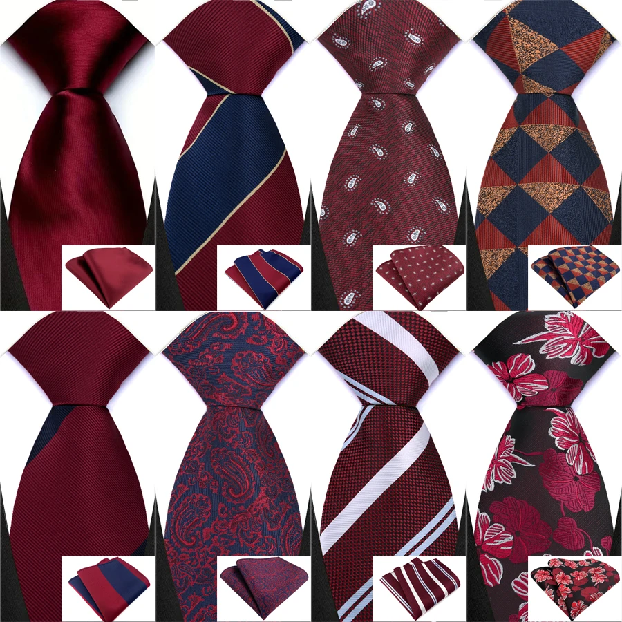 Herren-Geschenk-Krawatten-Set, weinrot, Karos, Streifen, Paisleymuster, für Männer, Hochzeit, Party, modisches Design, hochwertiges Krawatten-Taschentuch-Set