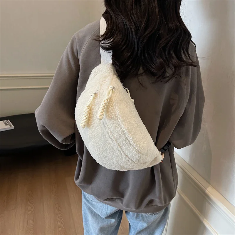 

Plush Solid Color 2024 High Quality Waist Packs Zipper Versatile Casual Women's Chest Bag Soft Simple Commuting Crossbody Bags