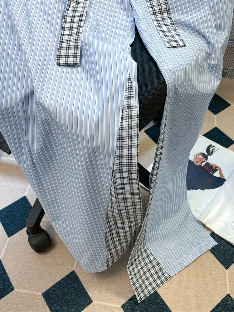 Jmprs سروال مخطط مرقع للنساء حزام كوري عالي الخصر بنطلون مستقيم غير رسمي فضفاض أنيق أنثى موضة بنطال ذو قصة أرجل واسعة #5