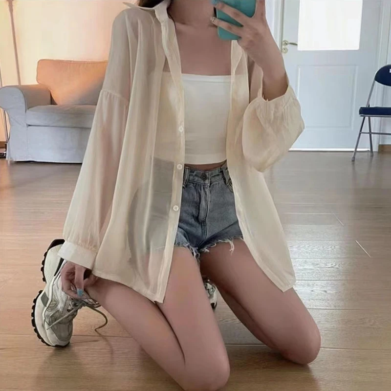 White Chiffon Sun Proof Blouse Women Fashion Loose Long Sleeve Casual Thin Shirt Simple Solid Summer All Match Elegant Tops