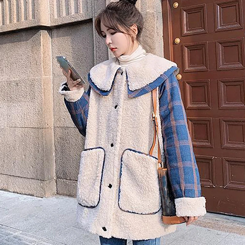 2023 Women Mid-Length Lamb Wool Jacket Spliced Plaid Vintage Fashion Elegant Warm Parkas Winter Female Loose Thicken Coat