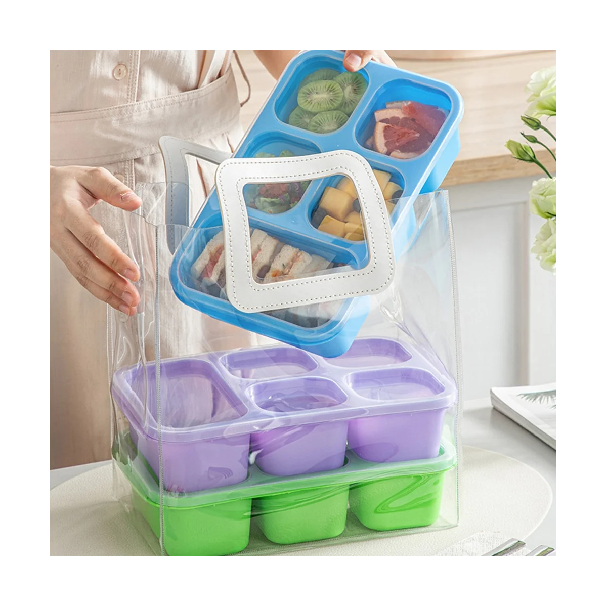 Bento Box Adult Lunch Box 4Pcs,5-Compartment Meal Prep Container , Reusable Food Storage with Transparent Lid C