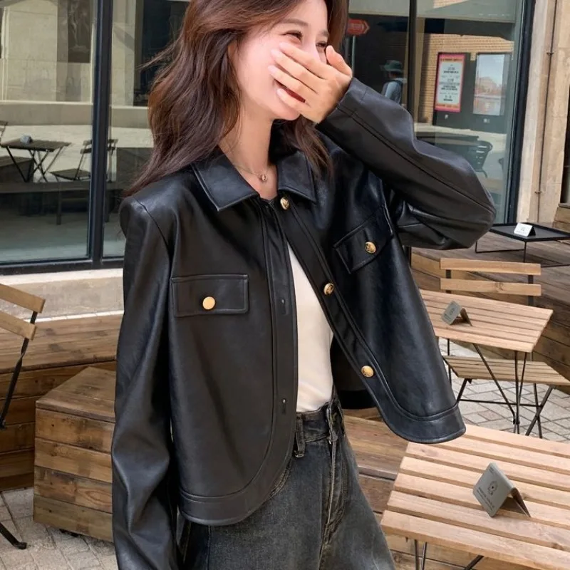 

Luxury Black Leather Women's Metal Buttons Short Pu Leather Long Sleeves Coat Soft Vintage Spring Autumn Top Trend