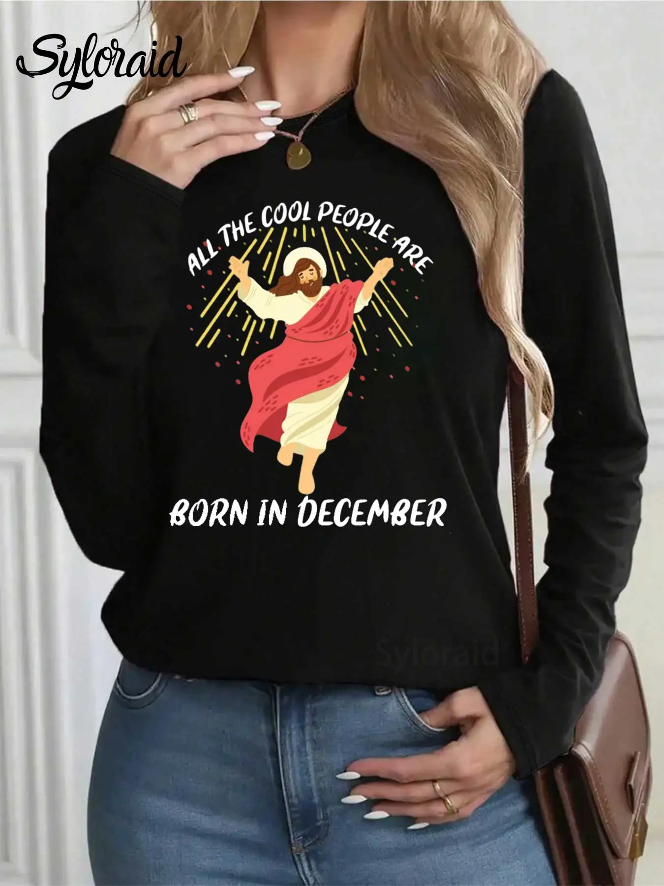 여성용 긴 소매 티셔츠 '모든 멋진 사람들은 12월에 태어났다' 프린트 티셔츠 패션 라운드 넥 캐주얼 탑