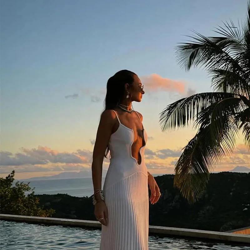 섹시한 민소매 백리스 플리츠 밑단, 2025 여성 이브닝 원피스, 우아한 단색, 불규칙한 V넥 맥시 원피스, 휴양지 슬링 원피스