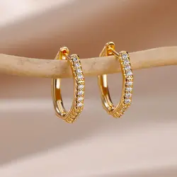Zirconia Polygon Earrings for Women Stainless Steel Hoop Earrings 2024 Trend Femme Bling Luxury Wedding Jewelry aretes mujer