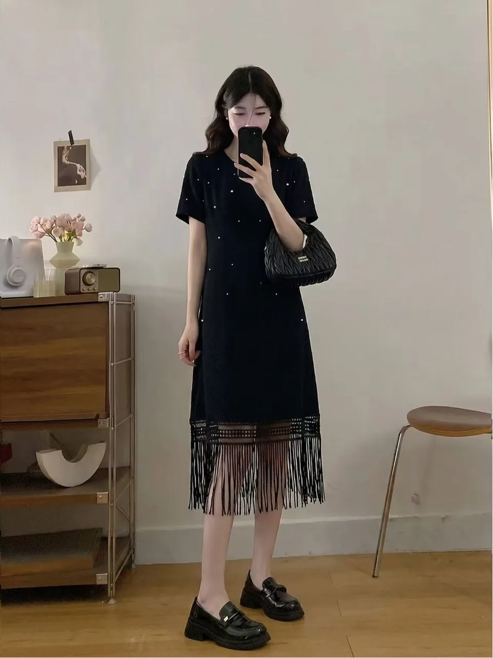 

plus Size Summer Slimming Tassel Design Bead Cover up Dress Versatile High Waist A-Line Short Sleeve Midi Dress for Women