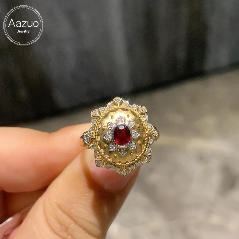 Aazuo Fine Jewely Vintage Style 18K Yellow Gold  Natrual Ruby Real Diamonds Flower Rings For Girls & Women Senior Banquet Party