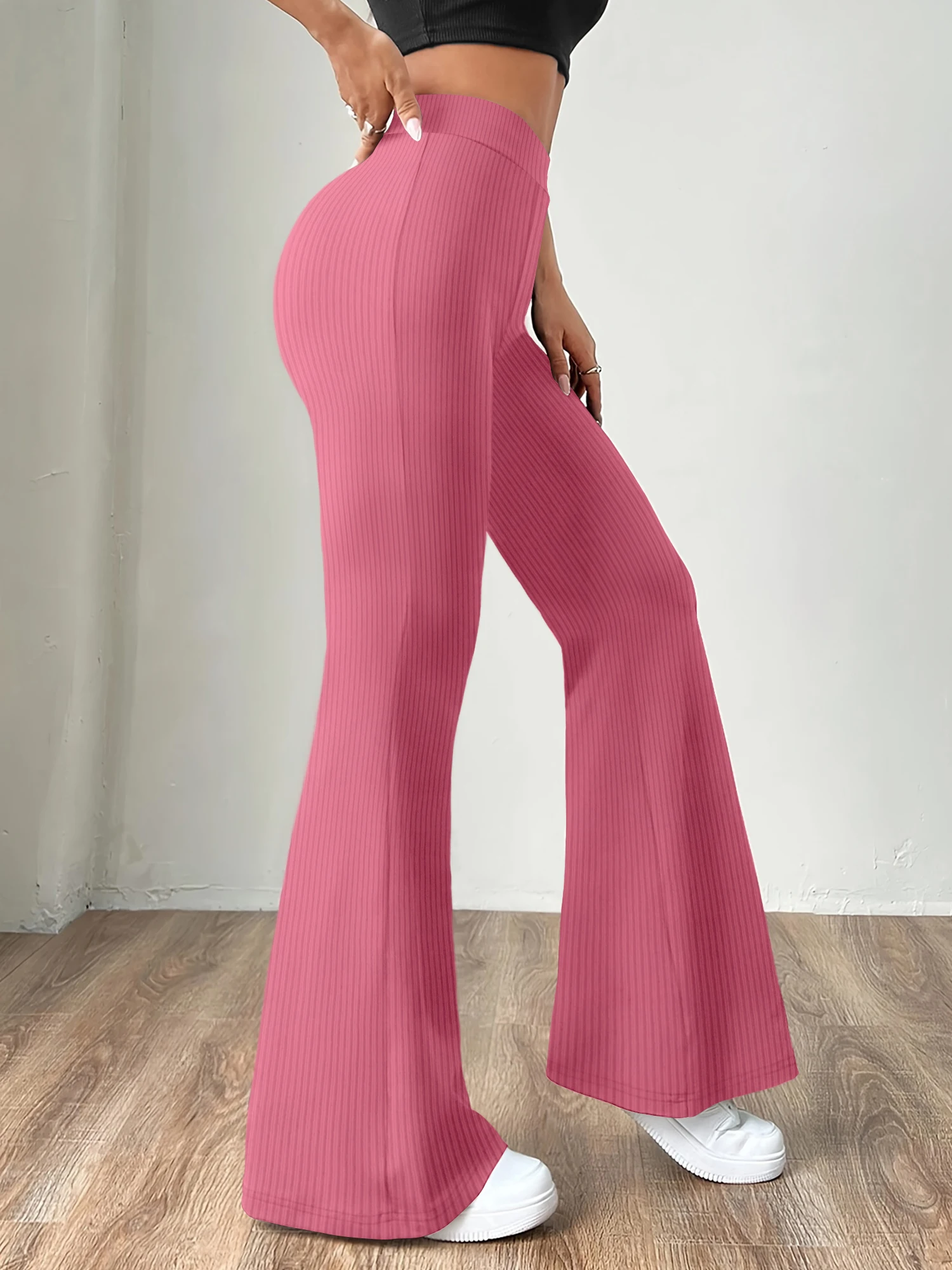 High-Waisted Ribbed Flared Pants for Women Elastic Tight Slim-Fit Non-Bulky Versatile Casual Long Pants Suitable for Daily