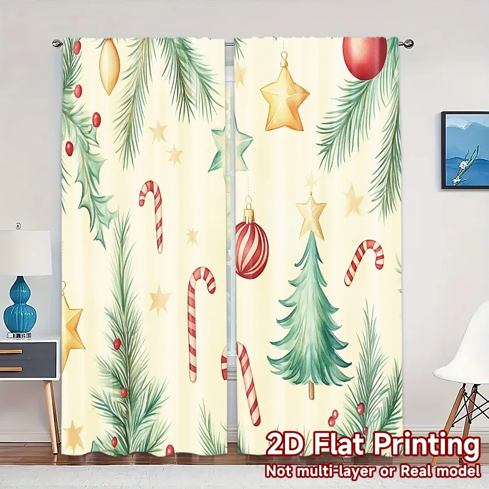 2pcs,Curtains Christmas Tree Ornaments Watercolor Style Fashionable Chic Curtains Prints Light Filtering Curtains Gifts Ldeal