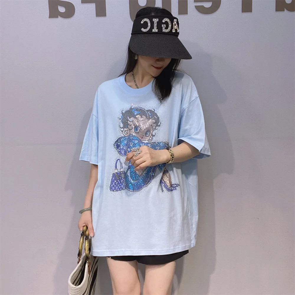 Plus Size Cartoon Character Pattern Diamonds Short Sleeve T Shirt Women Summer Clothing Thin Casual Loose O Neck Tops Knitwear