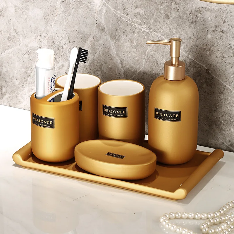 Matte Gold Ceramics Bathroom Accessories Set Decoration Soap Dispenser/Toothbrush Holder/cup/Soap Dish Tray Washing