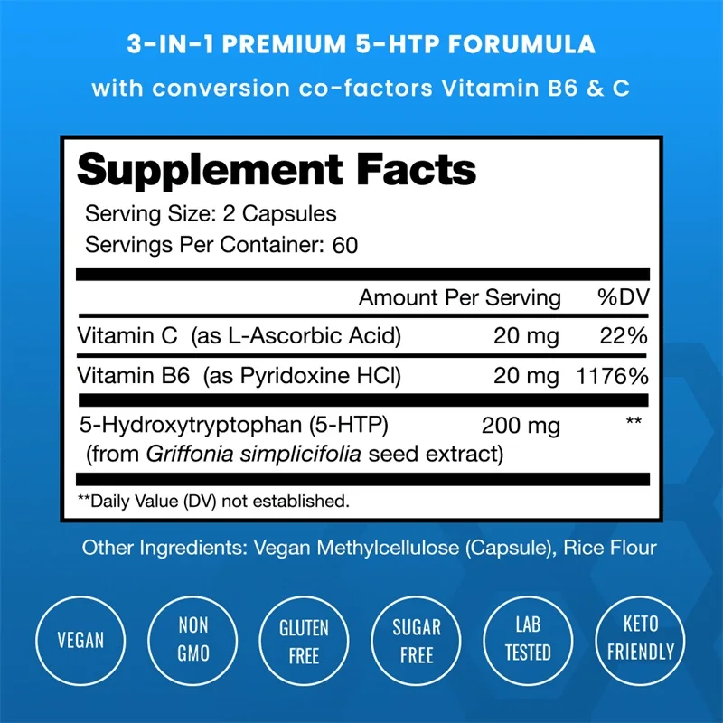 5-HTP Supplement with 200 Mg of Serotonin with Vitamins B6 and C | Supports Stress Relief, Brain Health, Mood, Sleep