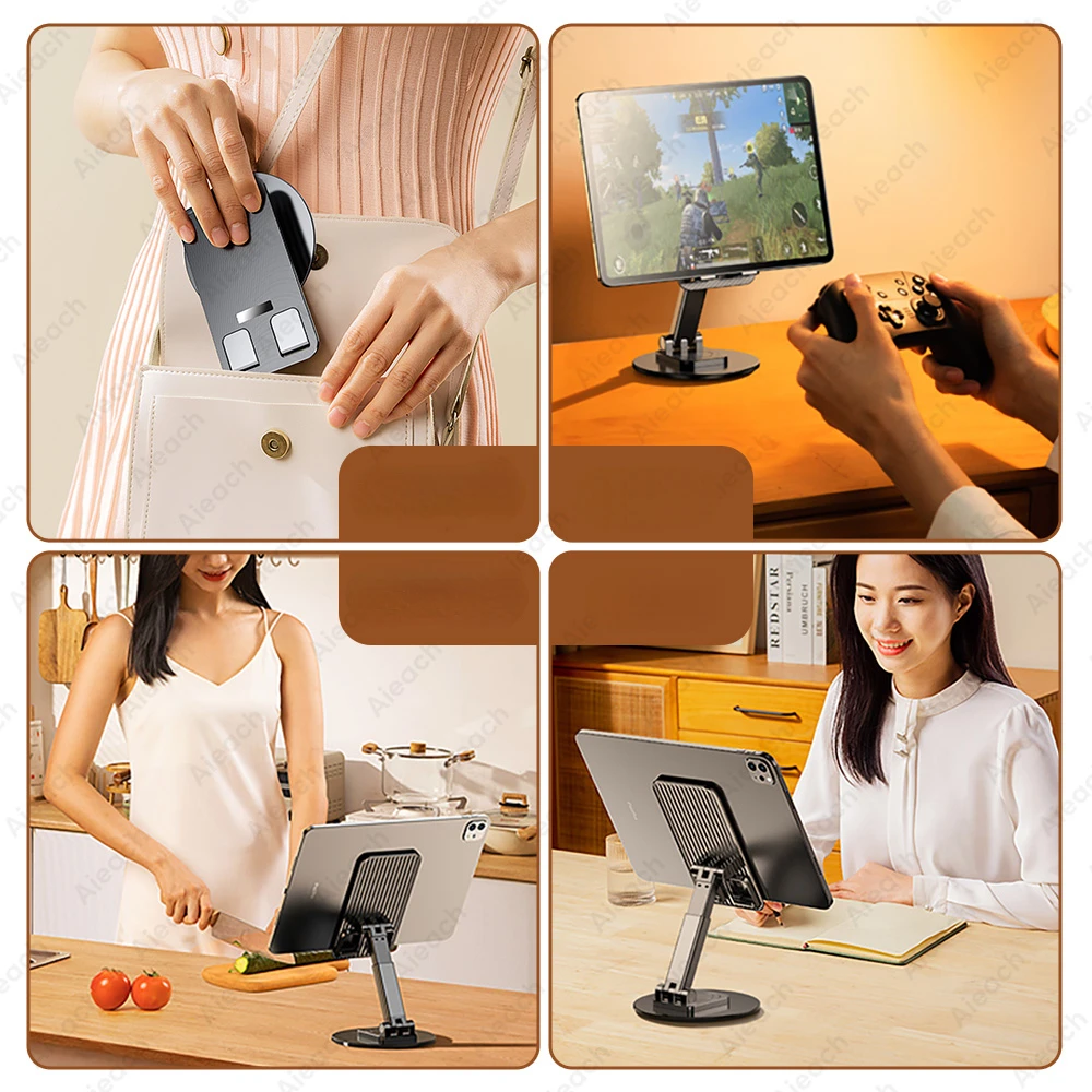 Aluminum Alloy Phone Holder, Tablet Stand Bracket, 360 Rotation, Adjustable Folding Desk, Support for Xiaomi, Samsung