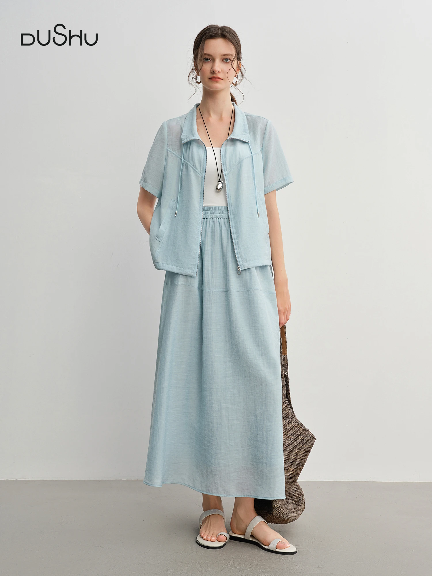 ​DUSHU Summer 2025 Textured Set - Adjustable Tie Collar Zip Top & Flowy Skirt Resort to Office Elegant Silhouette​
