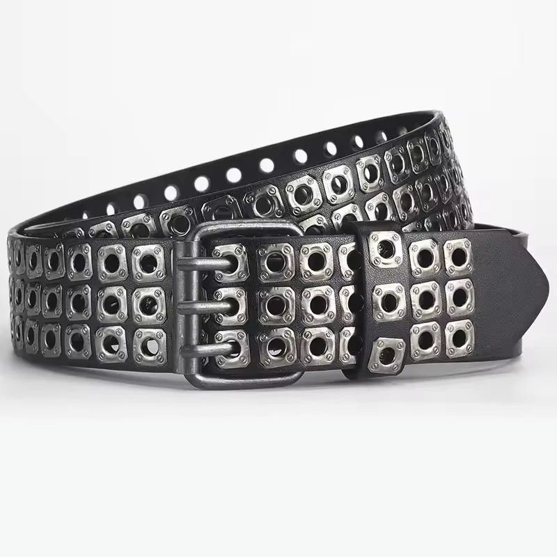 Damesriem Mode vierkante kralen, wilgenspijkers, drie uitlaatogen, Punk Street Cool, gepersonaliseerde heren- en damesriemen
