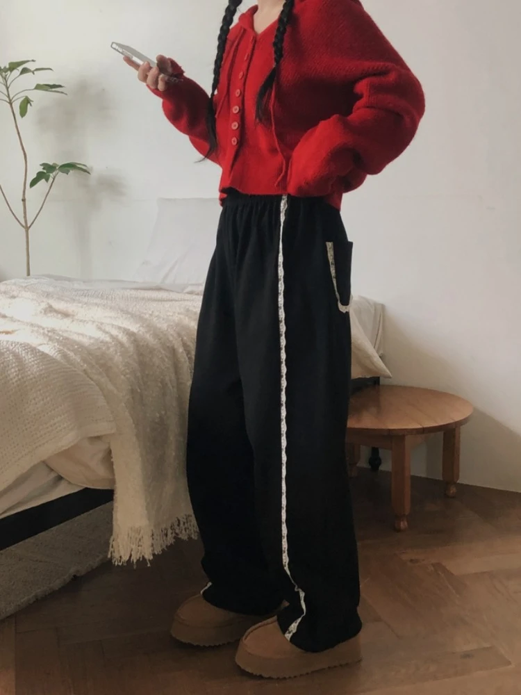 Deeptown koreański styl patchworkowy Streetwear wysoki stan szerokie nogawki spodnie kobiety wiosna Kawaii urocza koronka luźne spodnie na co dzień