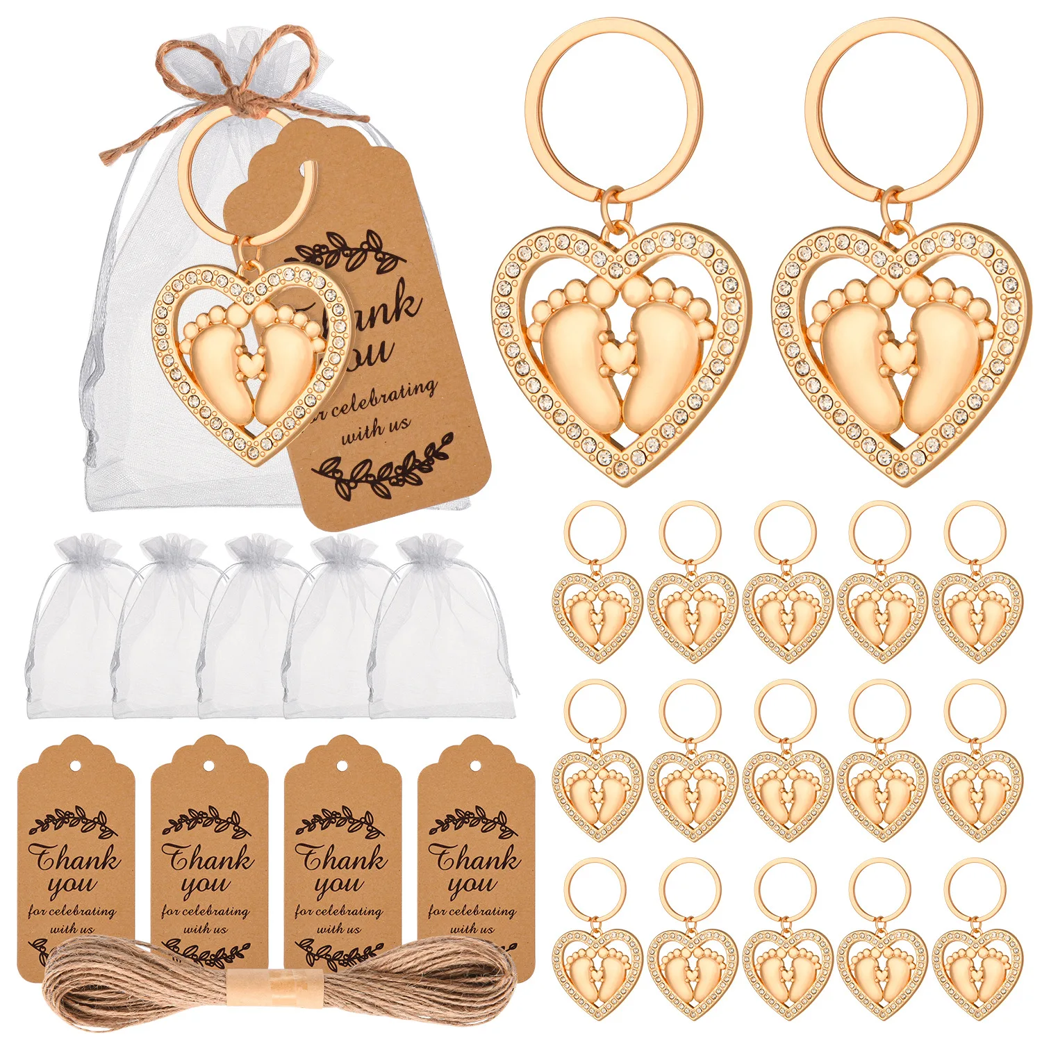 50Pcs Baby Shower Return Gifts With Organza Bag Newborn Footprint Heart Diomand Keyring Souvenir For Christening Freshman Party