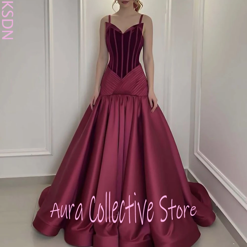 

Burgundy Velvet & Satin Women's A-line Dresses Spaghetti Strap Formal Gown Luxurious Evening Party Prom Wedding Guest Outfit