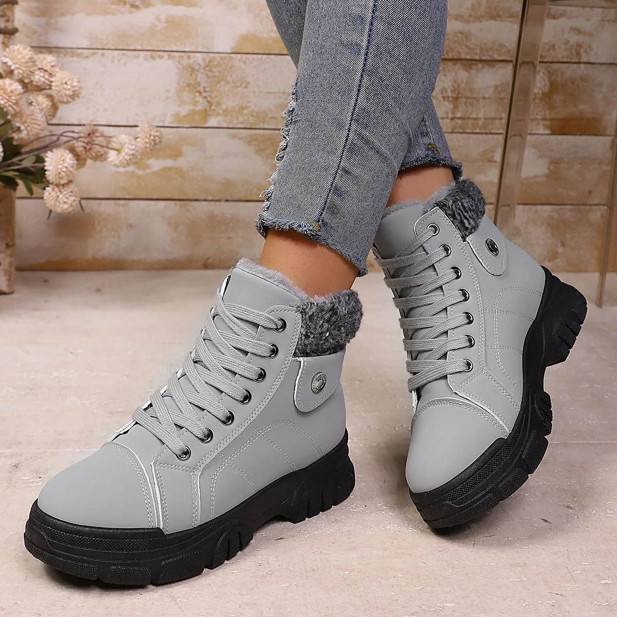 

Fashion Cotton Boots Winter New Round Toe Platform Anti-Slip Wear-Resistant Booties Style Fleece Thickened Warm Cotton Shoes