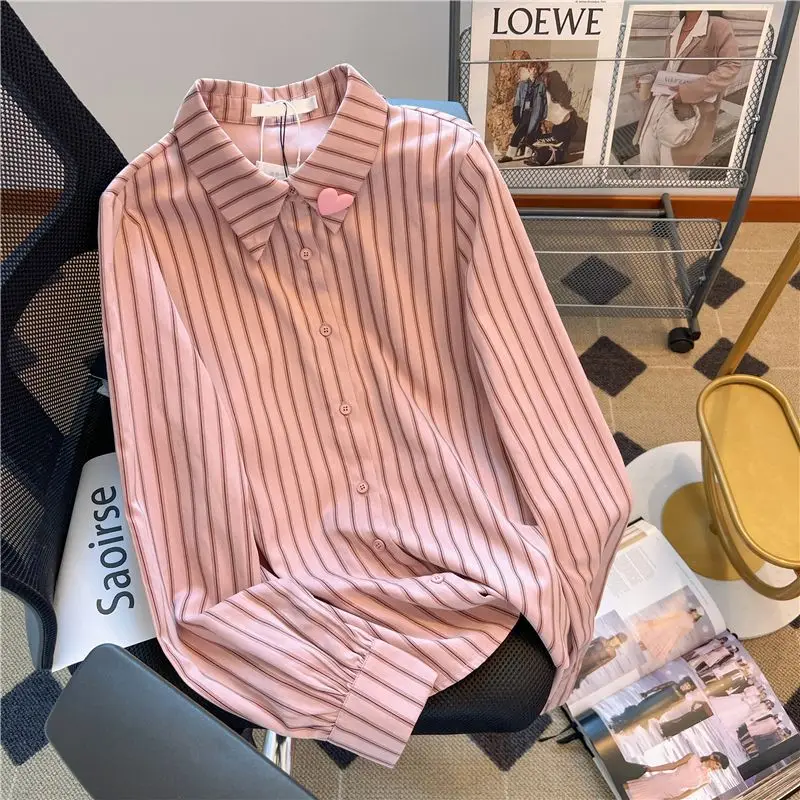 Female Casual Striped Turn-down Collar Long Sleeve Buttons Blouse Autumn Preppy Style Loose Shirts Women Clothing All-match Tops