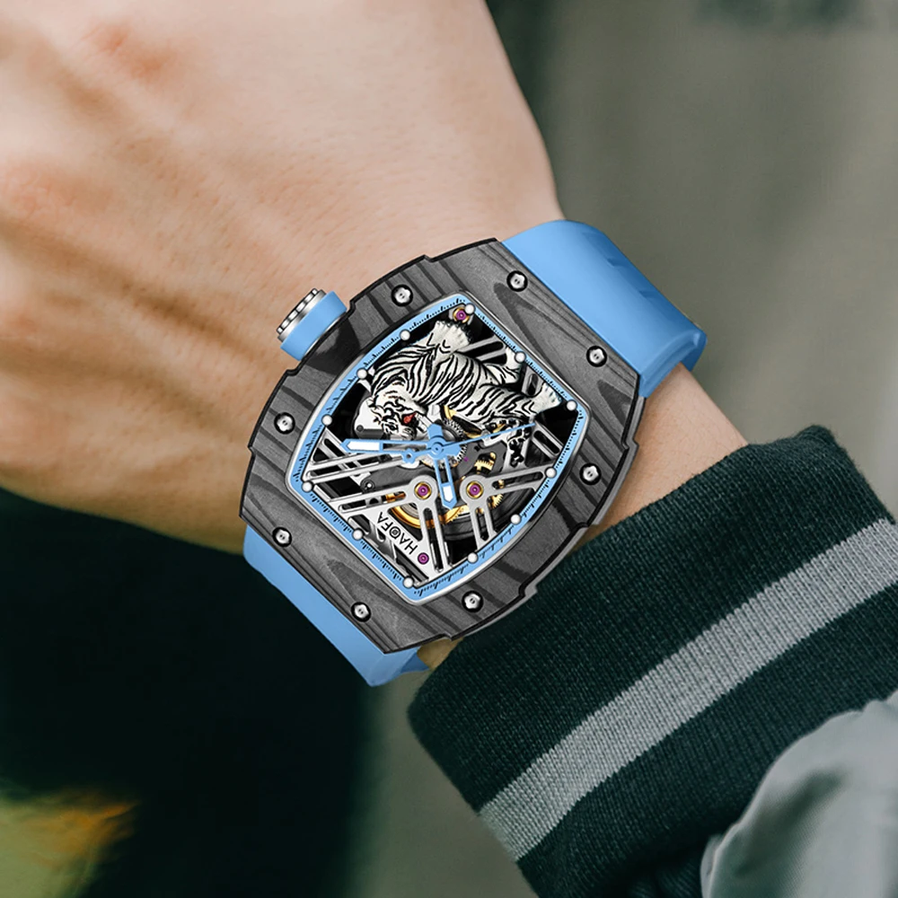 Haofa Skeleton Automatic Mechanical Watch for Men 3D Tiger Carbon Fiber Watch Sapphire Luminous Waterproof Men Watch 1973