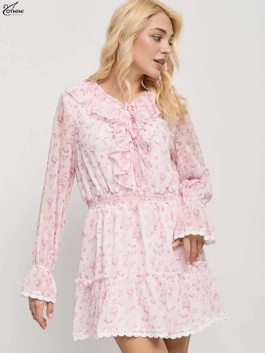 

Oymimi Fashion Pink Print Womens Dresses Elegant V-Neck Long Sleeve Lace-Up Dresses Casual Ruffled Pleated Mini Dress Streetwear