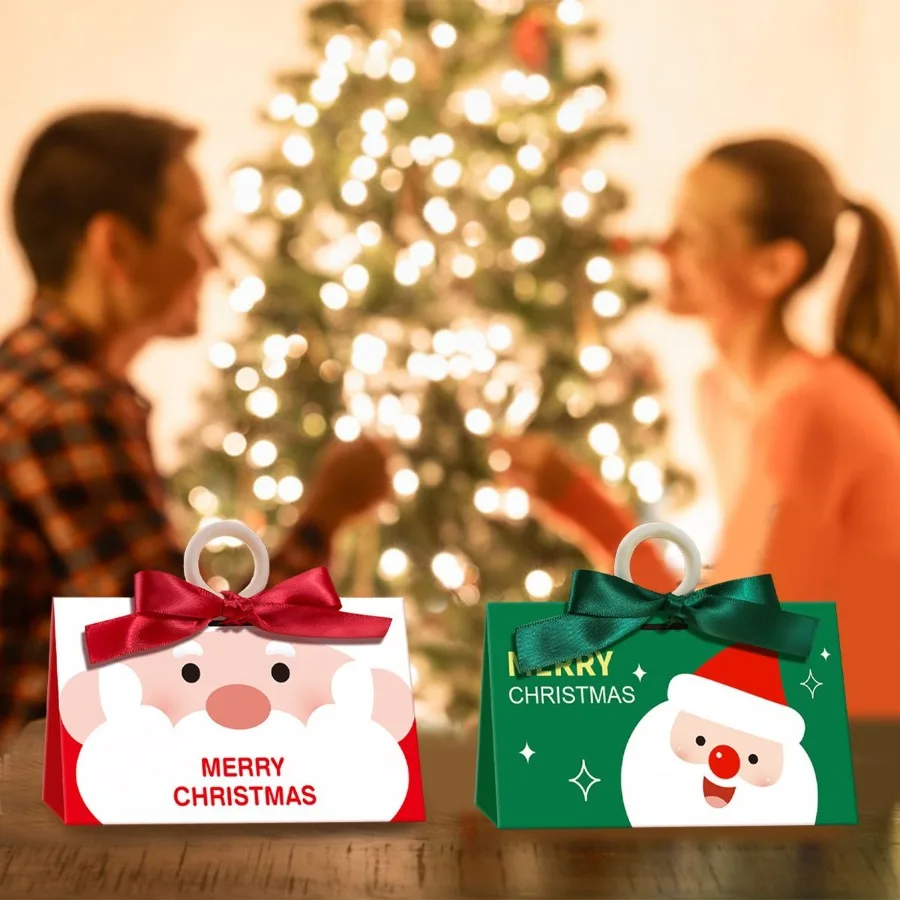 10 Pcs Christmas Candy Boxes with Ribbon and Wooden Ring Merry Christmas Santa Claus Pattern Cookie Goodie Box Cartoon Paper Tr