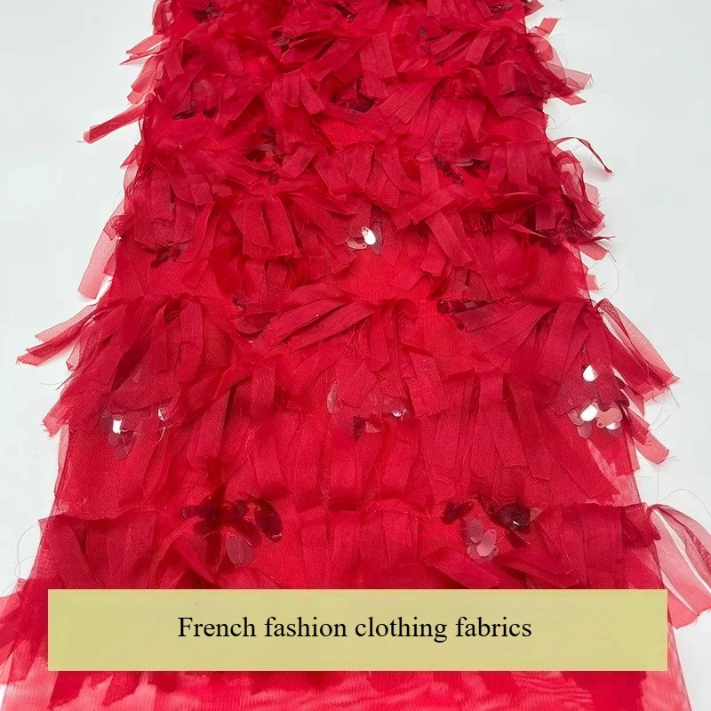 

French red lace mesh fabric, African Nigerian sequin embroidery fabric, high-quality, dress sewing fabric
