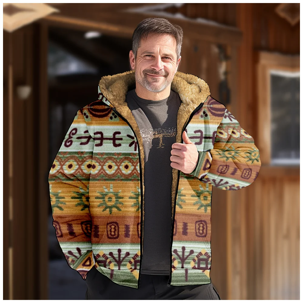 3D Plus Size Men's Short Zipper Hooded Padded Warm Thick Jacket With Ethnic Print Daily Casual Winter Warm Fleece Jacket