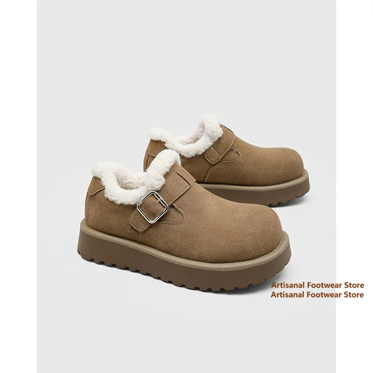 Men Winter Warm Fur Lined Platform Flats Suede Buckle Slip On Thick Bottom Non-Slip Casual Snow Mules Shoes Winter Men's Boots