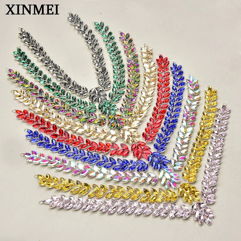 

Rhinestone Wheat Ears Chain Trim V-shaped Crystal Leaf Applique for Collar Decoration Sew on Wedding Dress Belt Embellishment